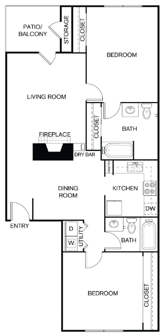 A black and white floor plan of a house with a living room, dining room, kitchen, and two bedrooms.